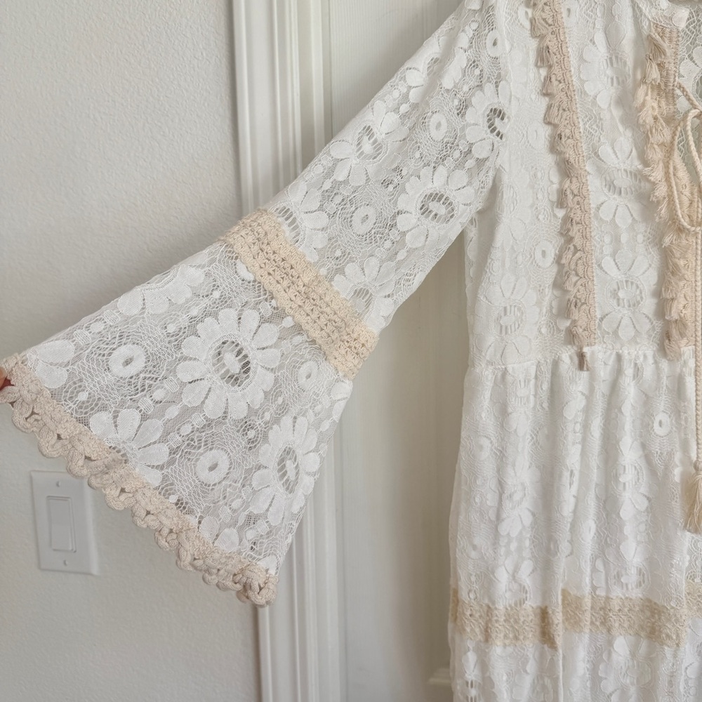 🇬🇷 Greek Santorini Lace Boho Dress with Tassels White Beige - Picture 7 of 13